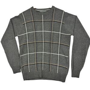 Vtg 90s Oscar De La Renta Plaid Knit Cotton Crew Neck Sweater Sz M Gray Grandpa